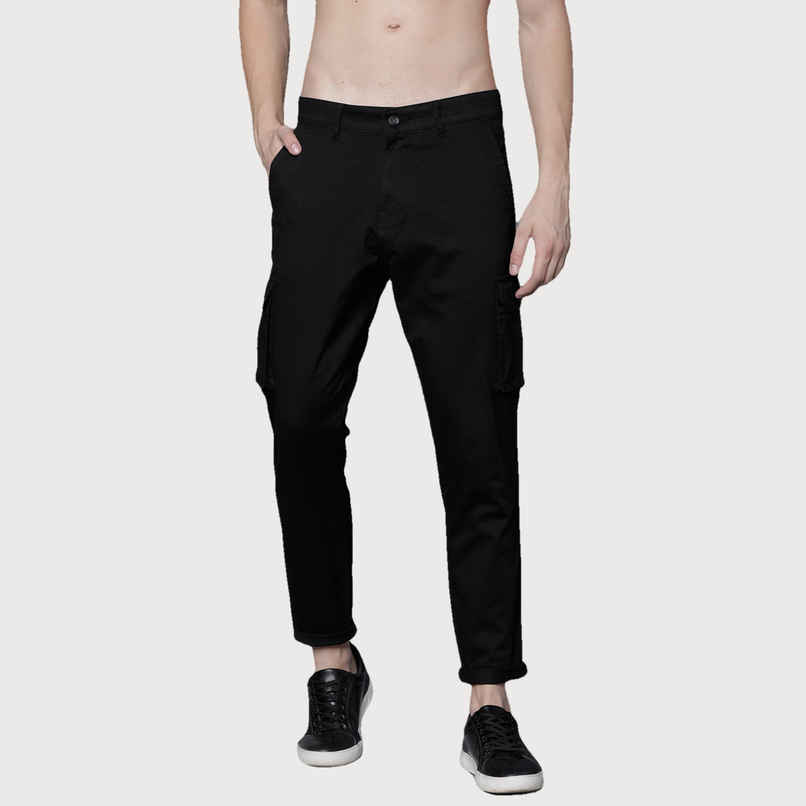 HIGHLANDER Men's Slim Fit Solid Cargos | Black - 36