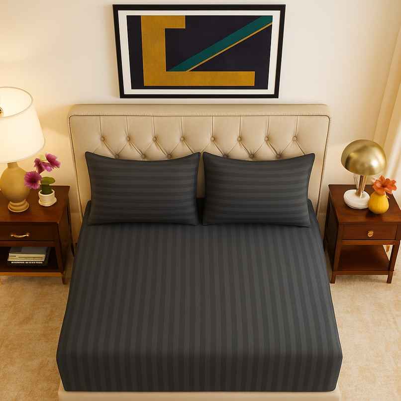 Elegant Weavers Striped Double Bedsheet | With 2 Pillow Covers | Grey | 94 x 87 in