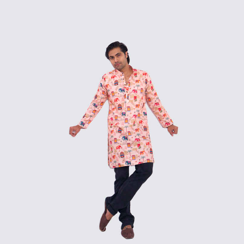 House Of Festivals Men's Printed Cotton Blend Ethnic Design Long Kurta | Multicolor - S House Of Festivals Men's Printed Cotton Blend Ethnic Design Long Kurta | Multicolor - S