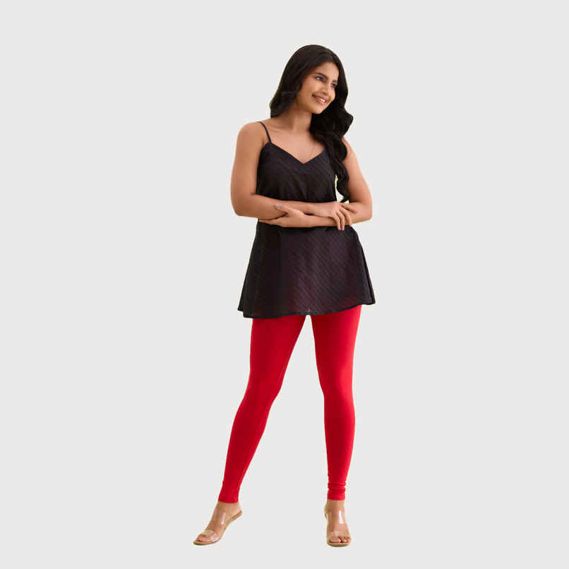 Go Colors Women's Solid Mid Rise Ankle Length Leggings | Dark Red - XL
