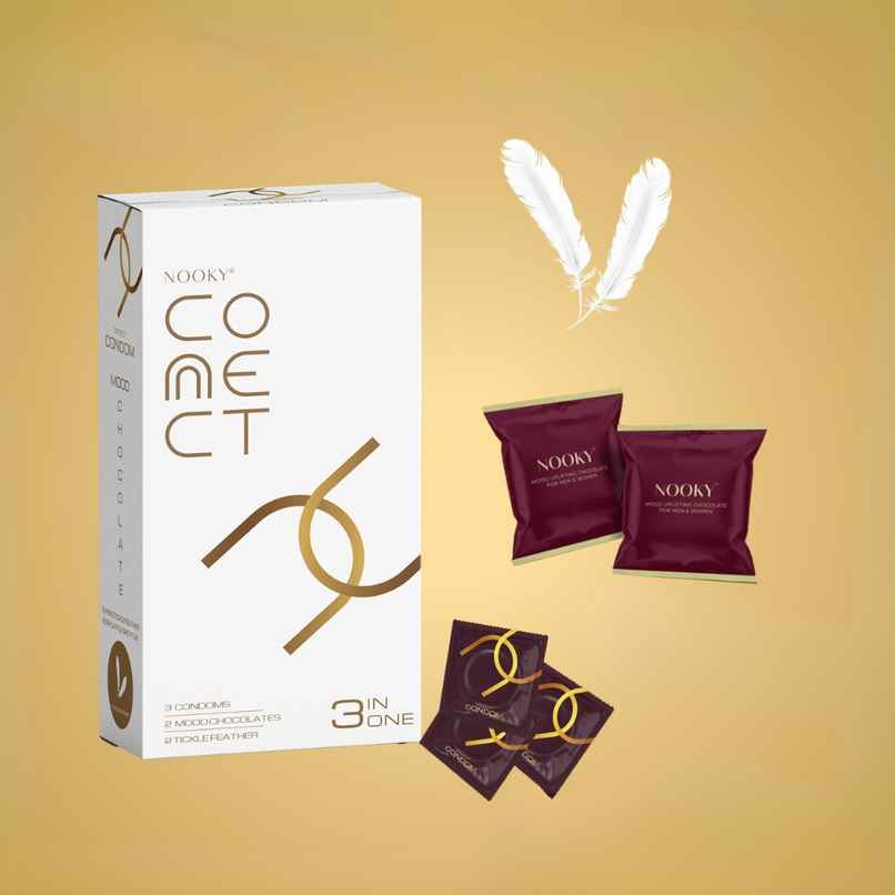 Nooky CONNECT 3 in 1 Intimacy Condom Kit Condom Chocolate and Tickle Feather