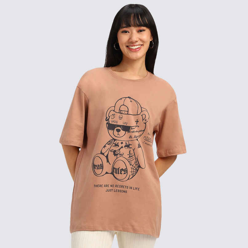 Juneberry Beige Print Graphic Oversized fit Tshirt for Women - S Juneberry Beige Print Graphic Oversized fit Tshirt for Women - S