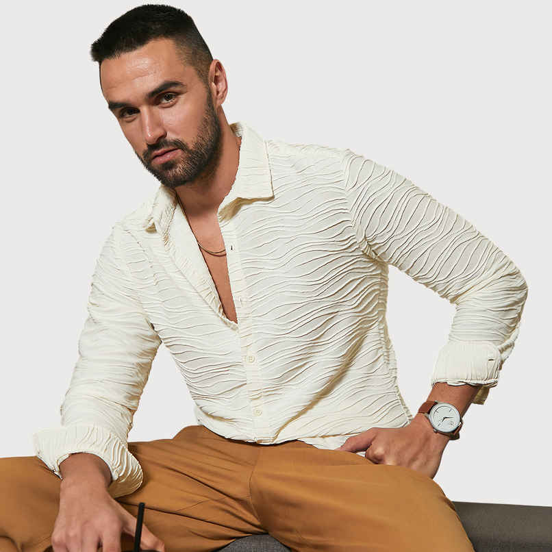 Campus Sutra Men's Self-Design Wave Shirt | White - S