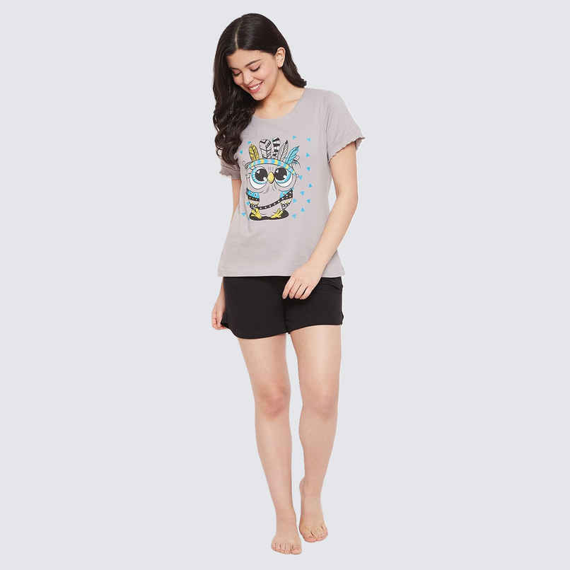 Clovia Owl Print Top & Shorts & Black - Cotton Rich | Grey | L Clovia Owl Print Top & Shorts & Black - Cotton Rich | Grey | L