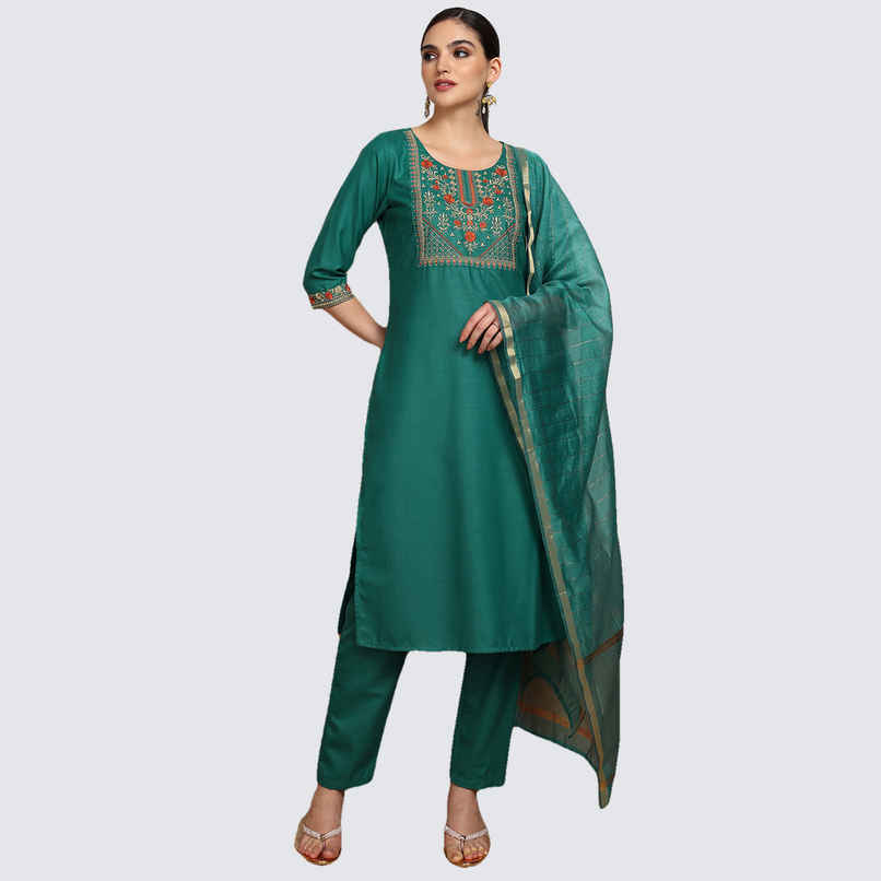 Vishudh Women's Embroidered Straight Kurta With Pants And Dupatta | PVK3000011 | Green - M Vishudh Women's Embroidered Straight Kurta With Pants And Dupatta | PVK3000011 | Green - M