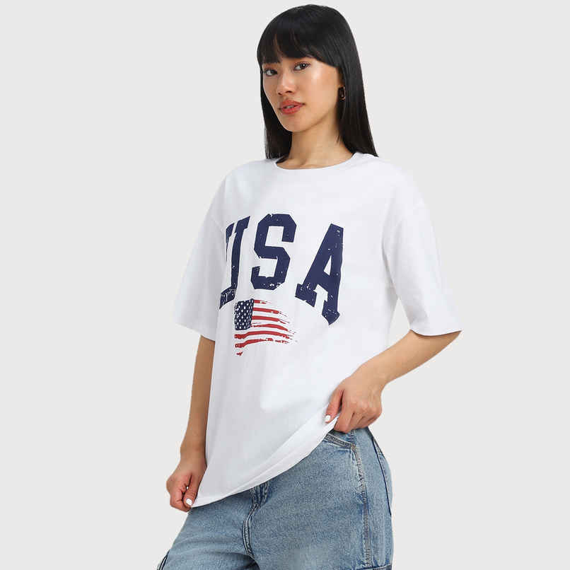 Juneberry White Print Graphic Oversized fit Tshirt for Women - S