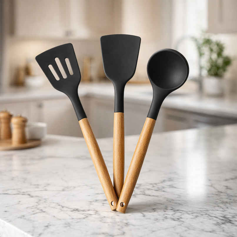 Daluci Silicone Spatula Set | Non Stick Heat Resistant Cooking Utensils | Wooden Handle