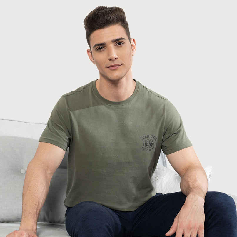 USPA Round Neck Cotton Lounge T - Shirt For Men - Grey and Green - S