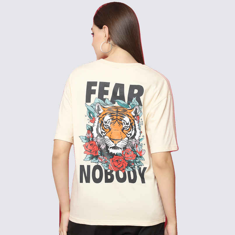 Fabflee Women Oversize Cotton Printed Round Neck Tshirt | Beige | FAB-OS-526 | S Fabflee Women Oversize Cotton Printed Round Neck Tshirt | Beige | FAB-OS-526 | S
