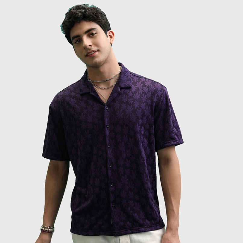 HIGHLANDER Men's Self Design Relax Fit Shirt | Violet - L