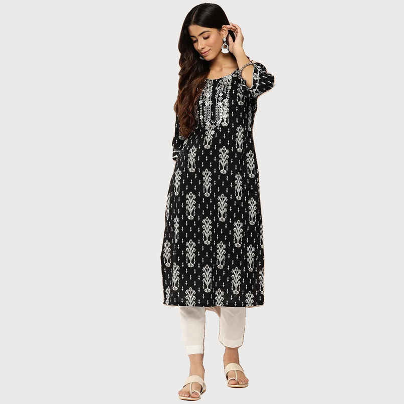Libas Women Black Cotton Mirror Embroidered Detail Ethnic Straight Kurta - 26185L