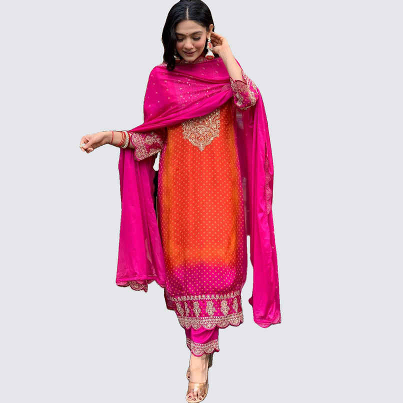 GoSriKi Women's Rayon Blend Straight Embroidered Kurta with Pant & Dupatta | LASIVAN | Pink - M