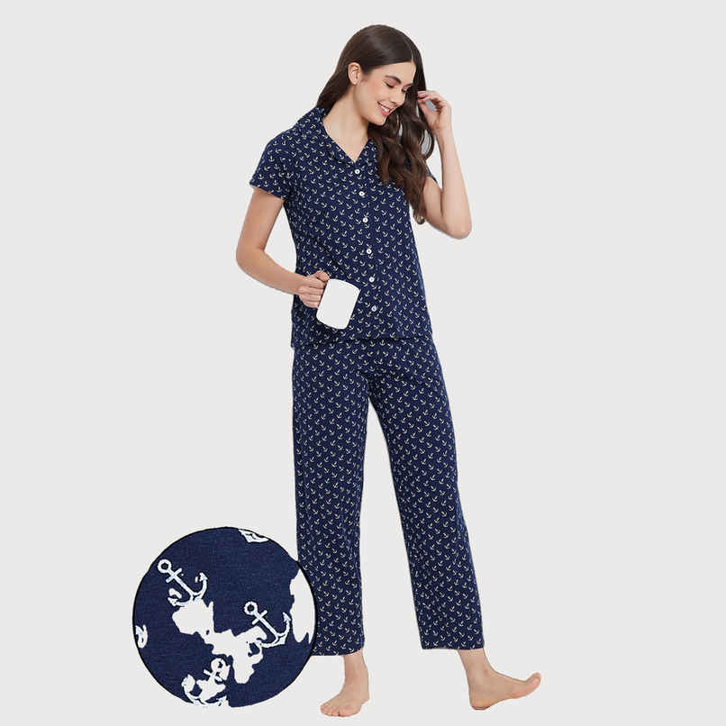 Clovia Button Down Anchor Print Shirt & Pyjama Nightsuit Set | Cotton | Blue | M