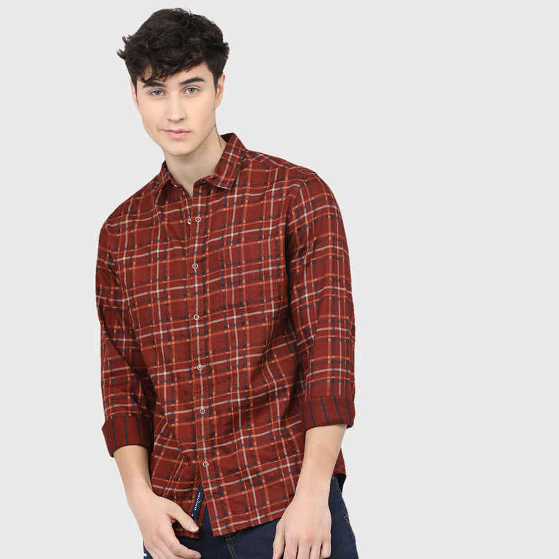 HIGHLANDER Men's Slim Fit Tartan Checked Reversible Casual Shirt | Rust & Navy Blue - M