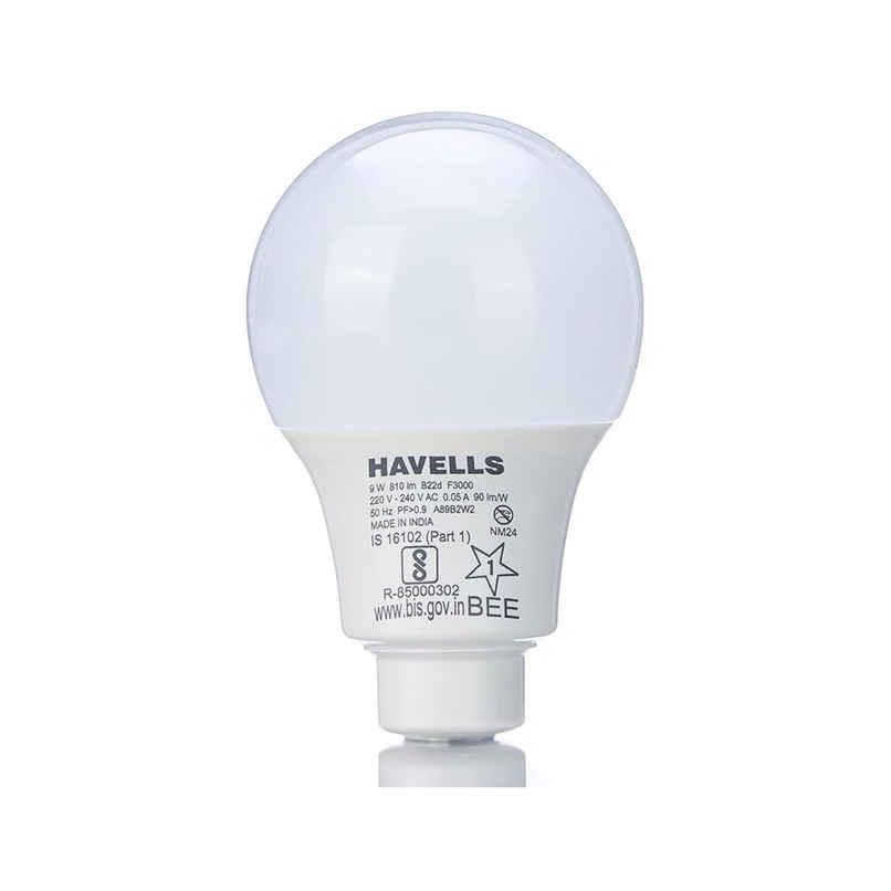 Havells 9W LED B22D Bulb, Upto 4KV Surge Protection, B22 Base Holder - Warm White(Light Yellow Colour)