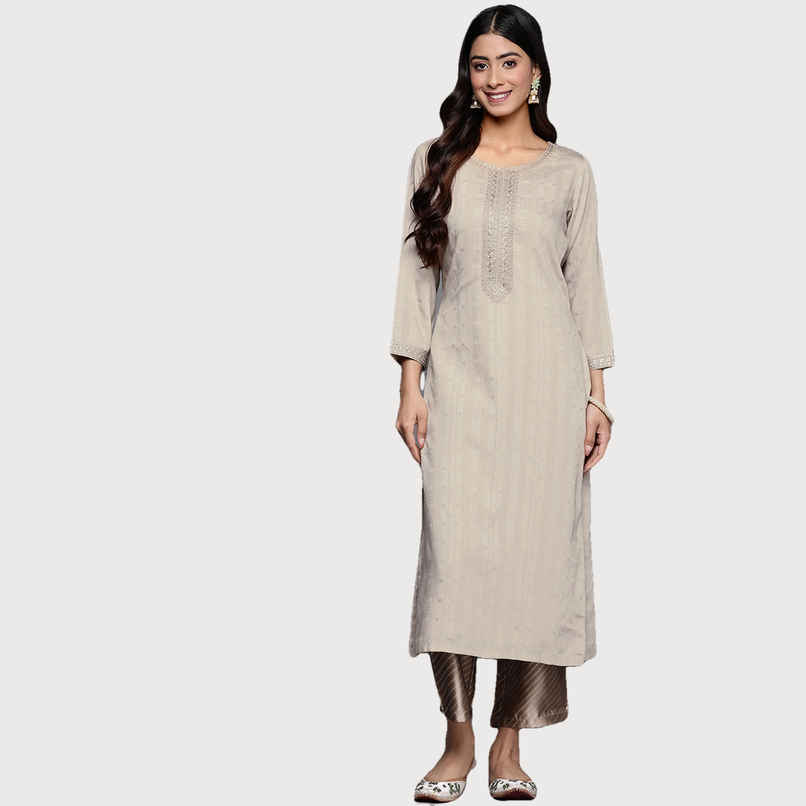 Libas Women Taupe Viscose (Dobby) Self Design With Zari Work Straight Kurta - 28069L