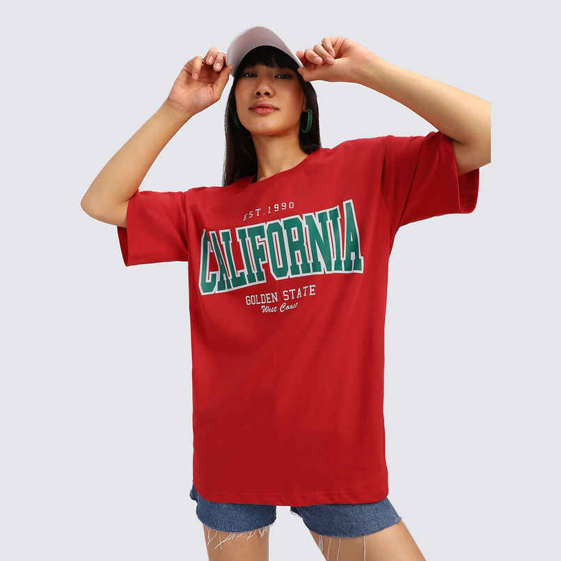 Juneberry Red Tyography Print Oversized Fit T-Shirt - S