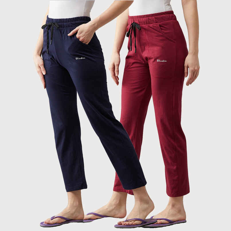 Blinkin Women's Cotton Track Pants With Side Pockets | Maroon Navy - L Blinkin Women's Cotton Track Pants With Side Pockets | Maroon Navy - L