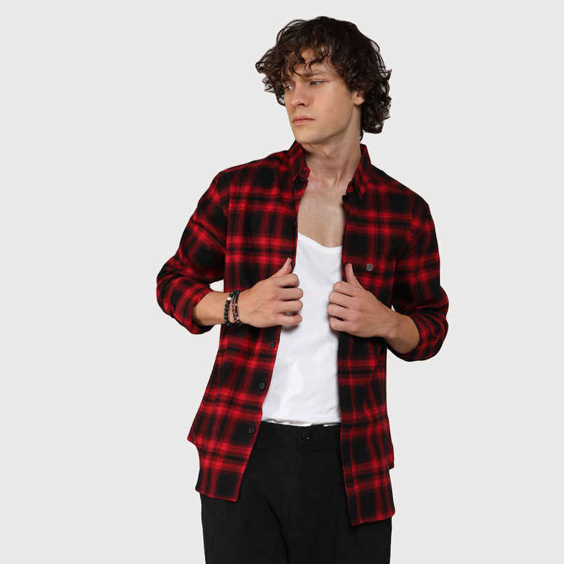 Campus Sutra Men's Brushed Buffalo Check Shirt | Midnight Black & Scarlet Red - M