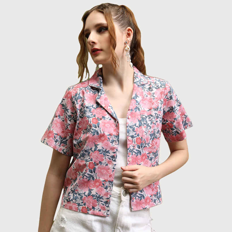 Tokyo Talkies Women's Printed Crop Shirt Top | Pink Beige Multicolour - L Tokyo Talkies Women's Printed Crop Shirt Top | Pink Beige Multicolour - L