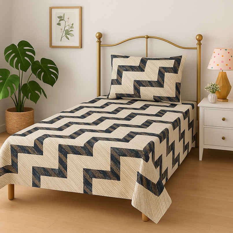 Elegant Weavers Single Cotton Geometric Bedsheet | With 1 Pillow Cover | White & Black | 87 x 59 in