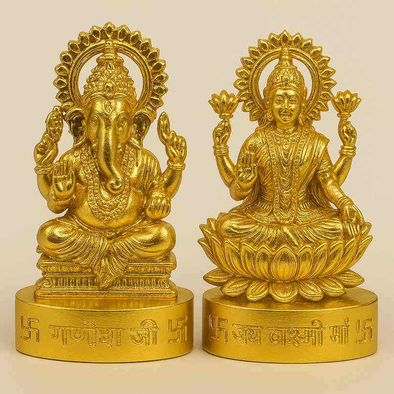Lord Lakshmi & Ganesha Idol | 2.5 In | Zinc Metal | Gold Coating | Cycle