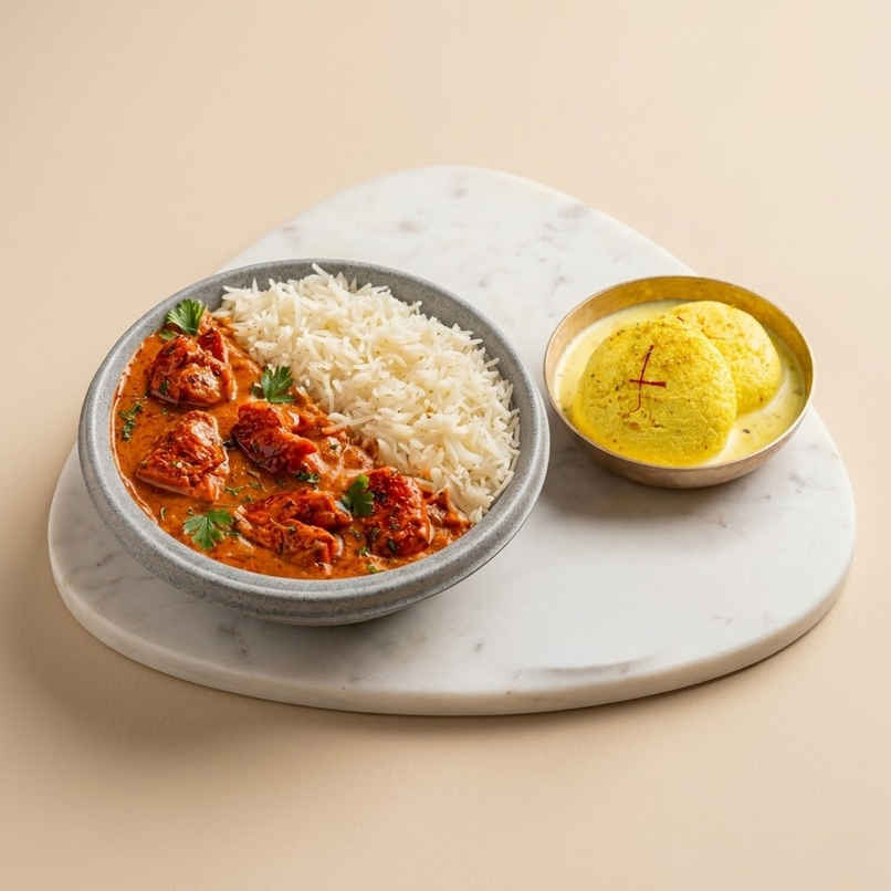Butter Chicken & Rice + Kesari Rasmalai