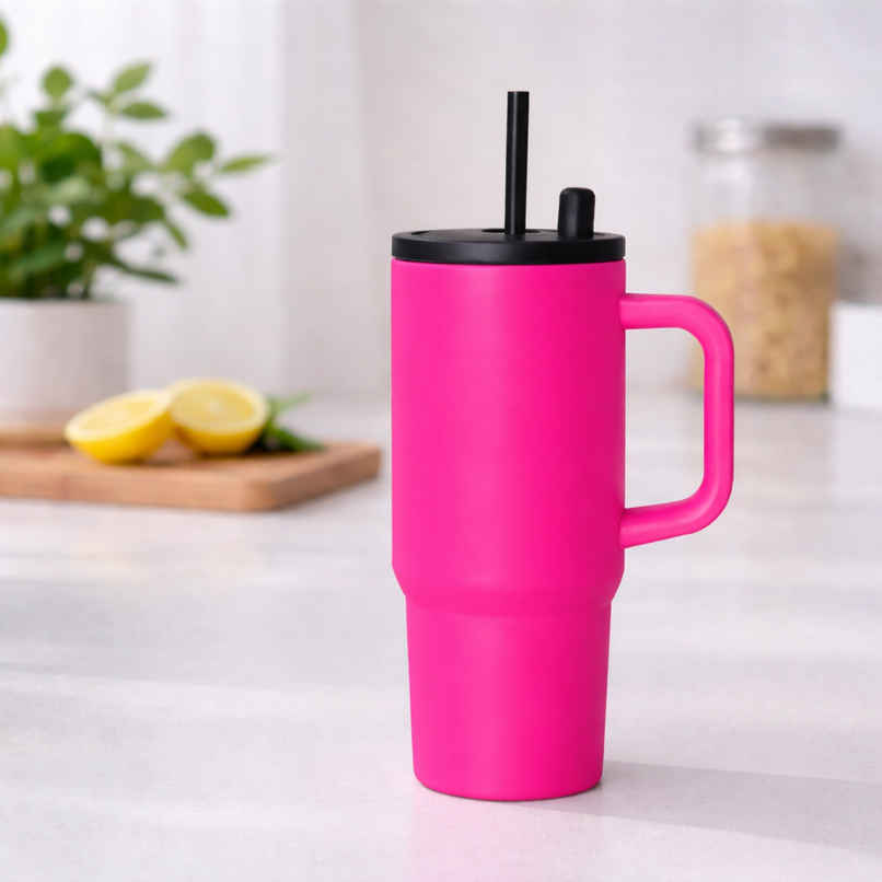 DesignLand Insulated Travel Mug with Handle and Straw Lid Leakproof Tumbler Bright Pink