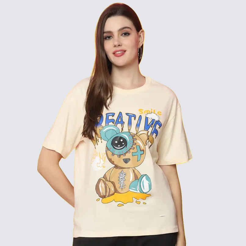 Fabflee Women Oversize Cotton Printed Round Neck Tshirt | Beige | FAB-OS-529 | M Fabflee Women Oversize Cotton Printed Round Neck Tshirt | Beige | FAB-OS-529 | M