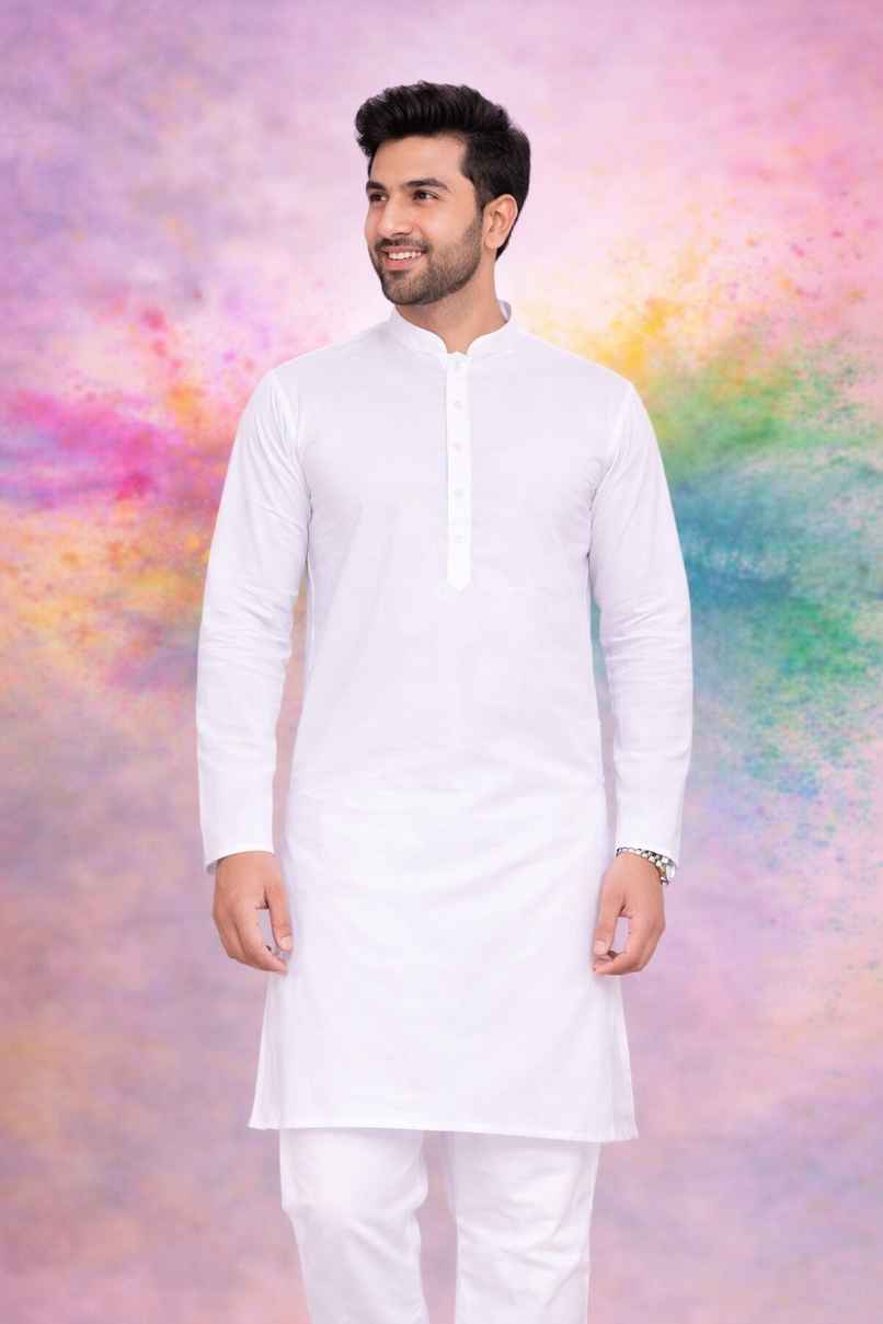 Freluro Men Solid Cotton Blend Straight Kurta | White | L