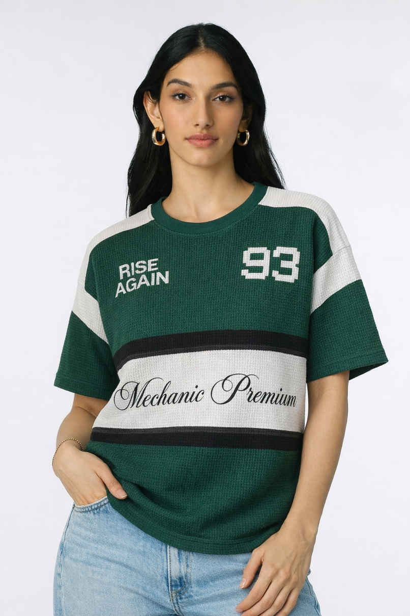 Try This Women's HF Sleeve Block Print Round Neck Tshirt | Green & White | M Try This Women's HF Sleeve Block Print Round Neck Tshirt | Green & White | M