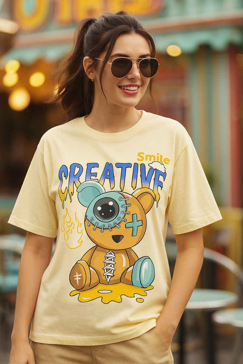 Fabflee Women's Oversize Cotton Printed Round Neck Tshirt | Beige | NEX-OS-529 | L Fabflee Women's Oversize Cotton Printed Round Neck Tshirt | Beige | NEX-OS-529 | L