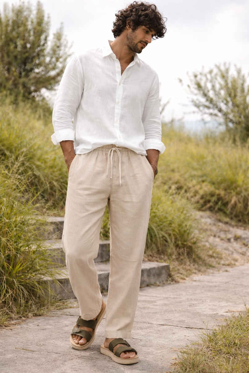FTX Men's Solid Tapered Fit Cotton Linen Trouser | Dark Beige - 36 FTX Men's Solid Tapered Fit Cotton Linen Trouser | Dark Beige - 36