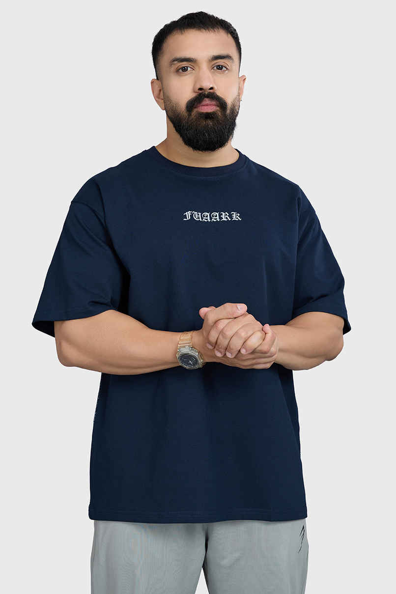 Fuaark Men's Sword Oversized Fit Cotton T-shirt with Front & Back Print | Navy Blue - L Fuaark Men's Sword Oversized Fit Cotton T-shirt with Front & Back Print | Navy Blue - L