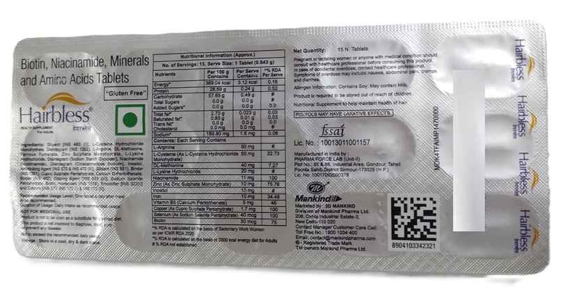 Hairbless Tablet With Vitamins- Biotin & Niacin, Minerals & Amino Acids Hairbless Tablet With Vitamins- Biotin & Niacin, Minerals & Amino Acids