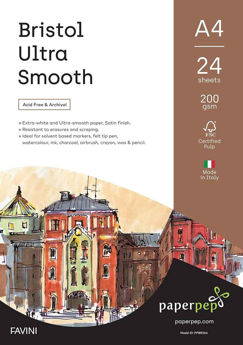 PaperPep Artists' Bristol Ultra Smooth Paper 200GSM A4 Pack of 24