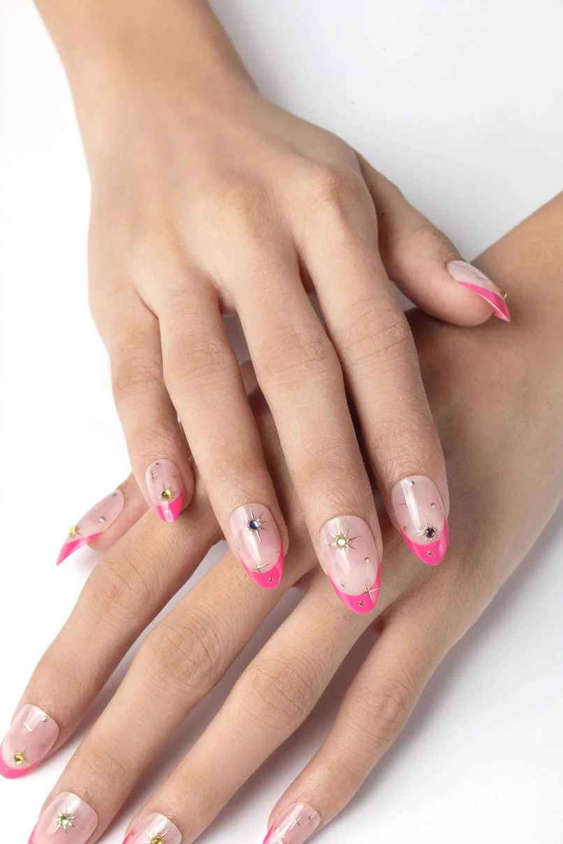 Pep Nails Blush & Bling Pink Gemstone Medium Almond Reusable Press On Nails | 24 Nail Tips