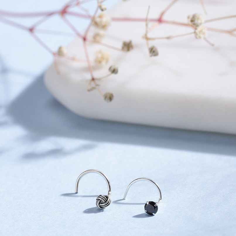 Zavya Dark Duo 925 Sterling Silver Nose Pin Set | Oxidised & Black Stone Designs | CNTH-10008