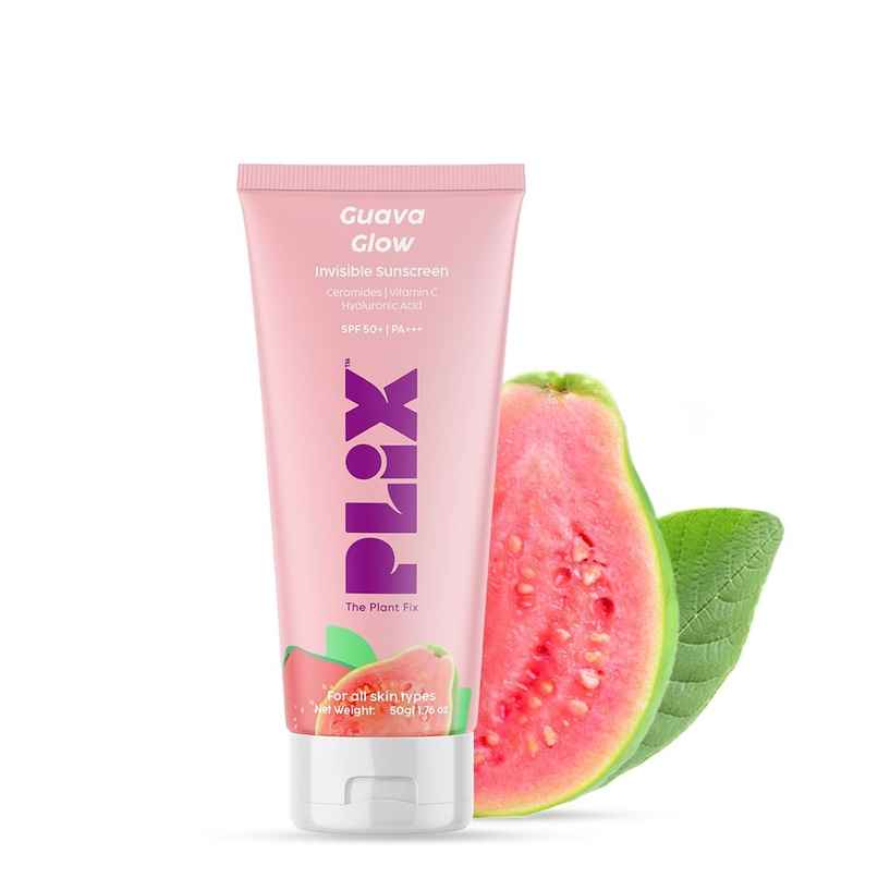 Plix Guava Glow Sunscreen SPF 50+ with UVA, UVB & Blue Light Protection enriched with Ceramides & Hyaluronic Acid