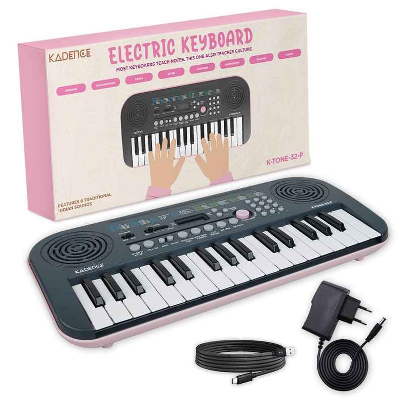 Kadence K-Tone Pink Kids Keyboard | 32 Mini Keys, 128 Tones, Rhythms & Adapter