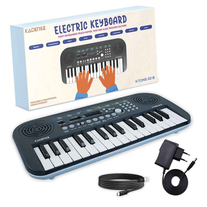 Kadence K-Tone Blue Kids Keyboard | 32 Mini Keys, 128 Tones, Rhythms & Adapter