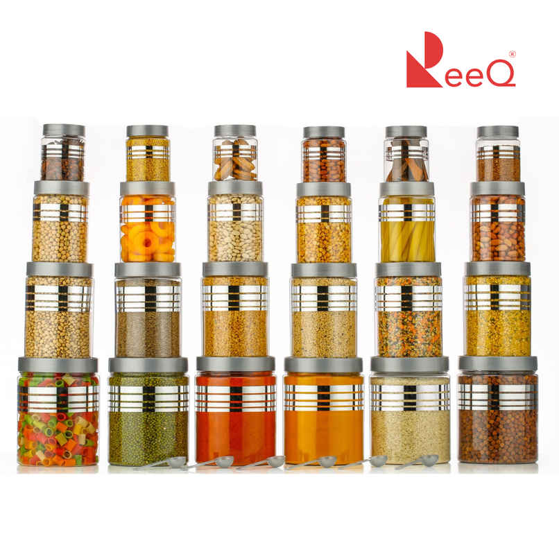 ReeQ Kitchen Storage Jar Set Transparent Plastic Containers with Silver Lids and Spoons