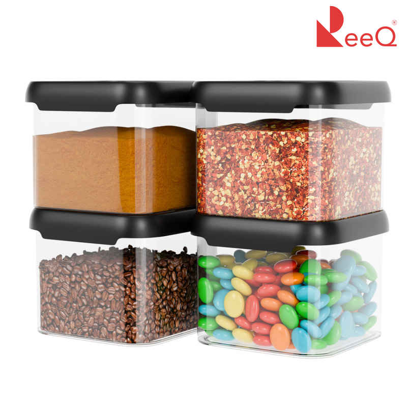 ReeQ Airtight Food Storage Containers Square Jars | Black Lid - 500 ml