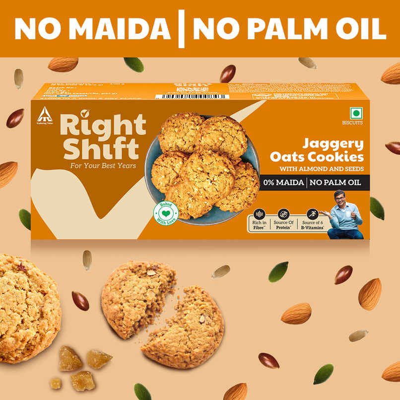 Right Shift Jaggery Oats 0% Maida Cookies | 0% Refined Sugar | With Nuts And Seeds Right Shift Jaggery Oats 0% Maida Cookies | 0% Refined Sugar | With Nuts And Seeds