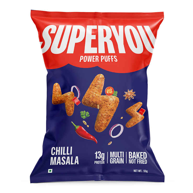SuperYou Power Puffs - Chilli Masala | 13g protein | Multigrain, No Palm Oil, No Cholesterol SuperYou Power Puffs - Chilli Masala | 13g protein | Multigrain, No Palm Oil, No Cholesterol