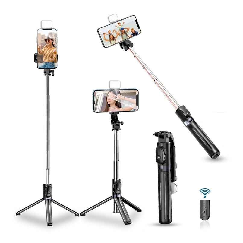 Elfora Mobile Phone Stand Extendable Bluetooth Selfie Stick Tripod with Light | Black