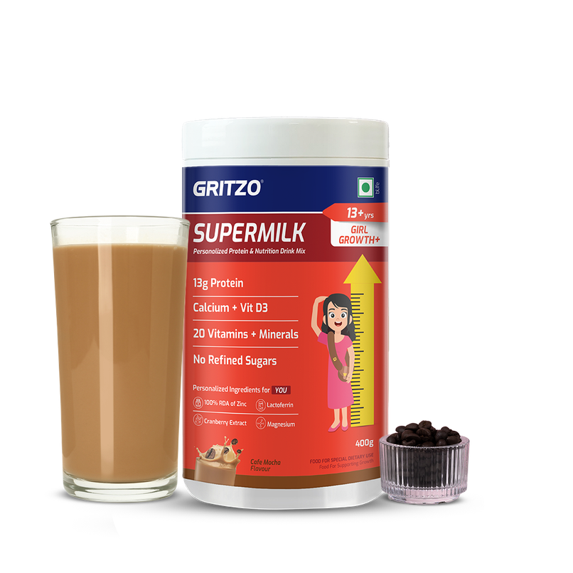 Gritzo SuperMilk Growth+ | 13+y Girls | 13g Protein Powder | Cafe Mocha