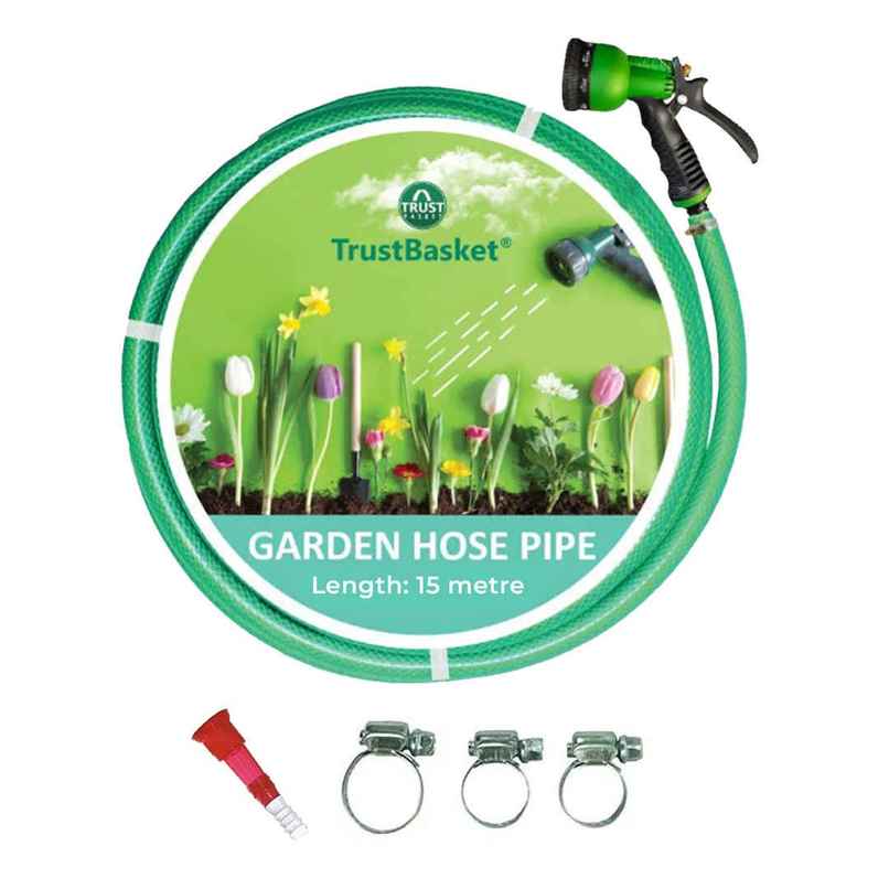 TrustBasket Hose Pipe - 15 m | Pipe for Garden with Tap Adapter & 3 Clamps 0.5 inch pipe TrustBasket Hose Pipe - 15 m | Pipe for Garden with Tap Adapter & 3 Clamps 0.5 inch pipe