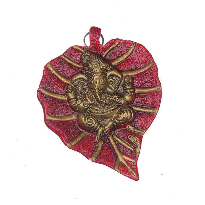 Lord Ganesh on Red Leaf Wall Hanging in Gold Polish | Small Size | Devnidhi Lord Ganesh on Red Leaf Wall Hanging in Gold Polish | Small Size | Devnidhi