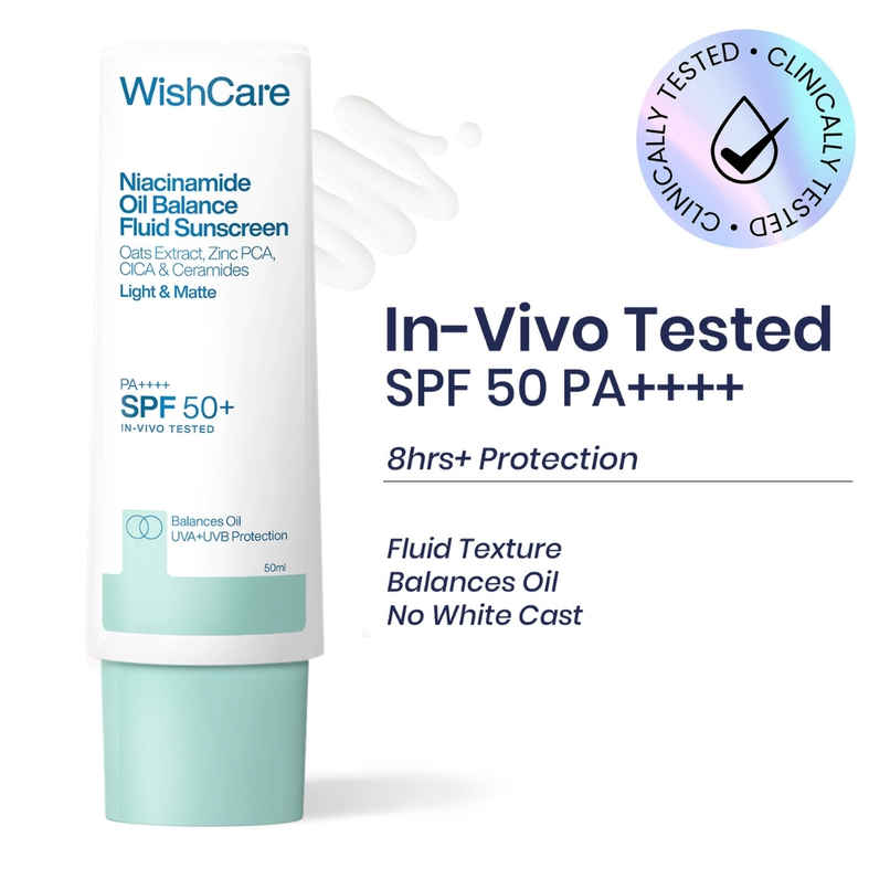WishCare Niacinamide Oil Balance Fluid Sunscreen SPF 50 PA++++ | In-Vivo Tested | No White Cast